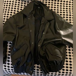 Faux Leather Elastic Waistband Zip Up Jacket